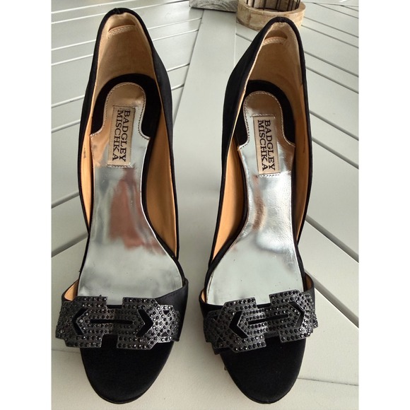 Badgley Mischka Shoes - Badgley Mischka Black Satin Crystal Embellished Open Toe Pumps Heels Womens 7M